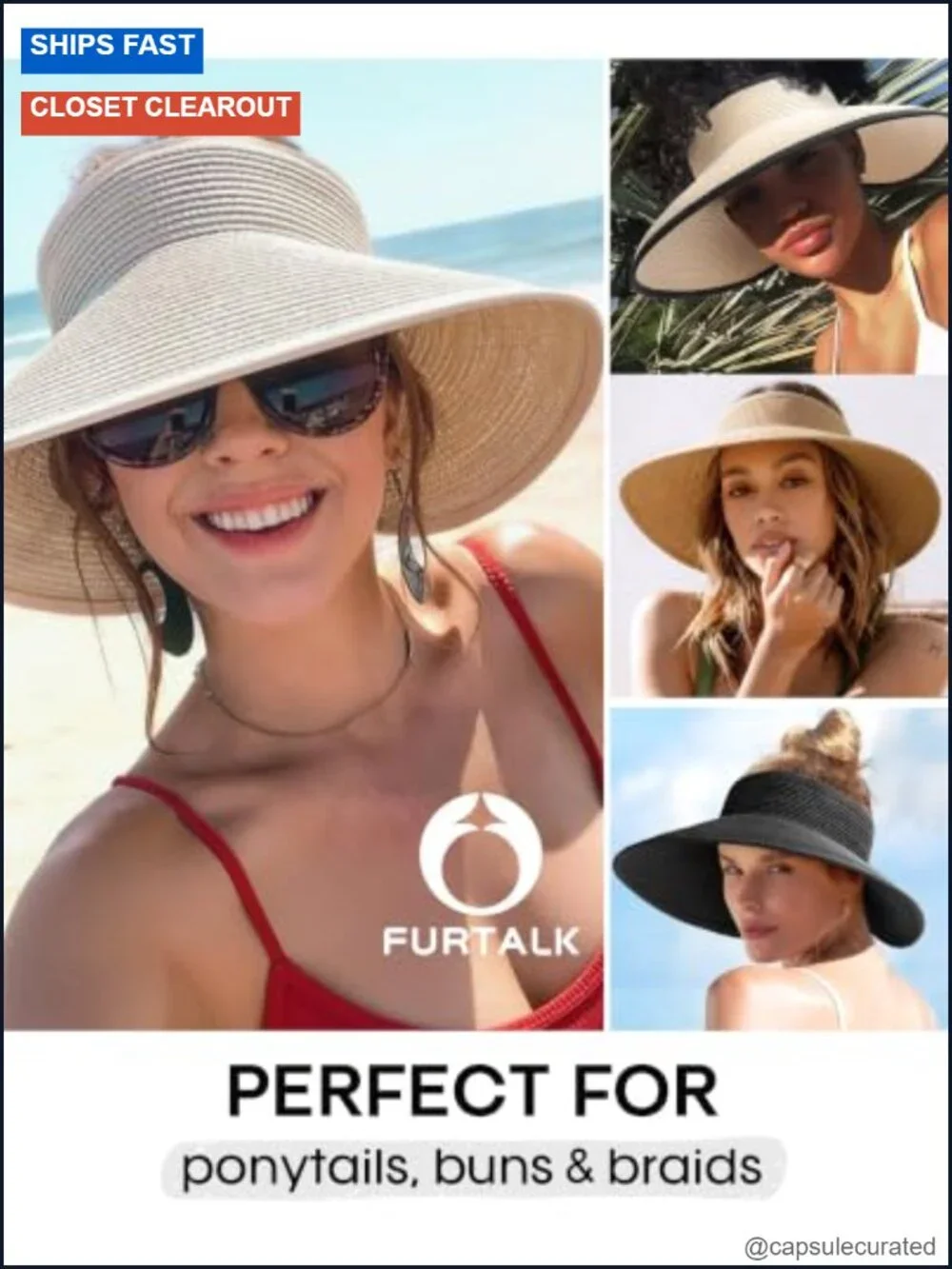 Wide Brim Straw Sun Hat Ponytail Open Top Foldable Beach UV Protection